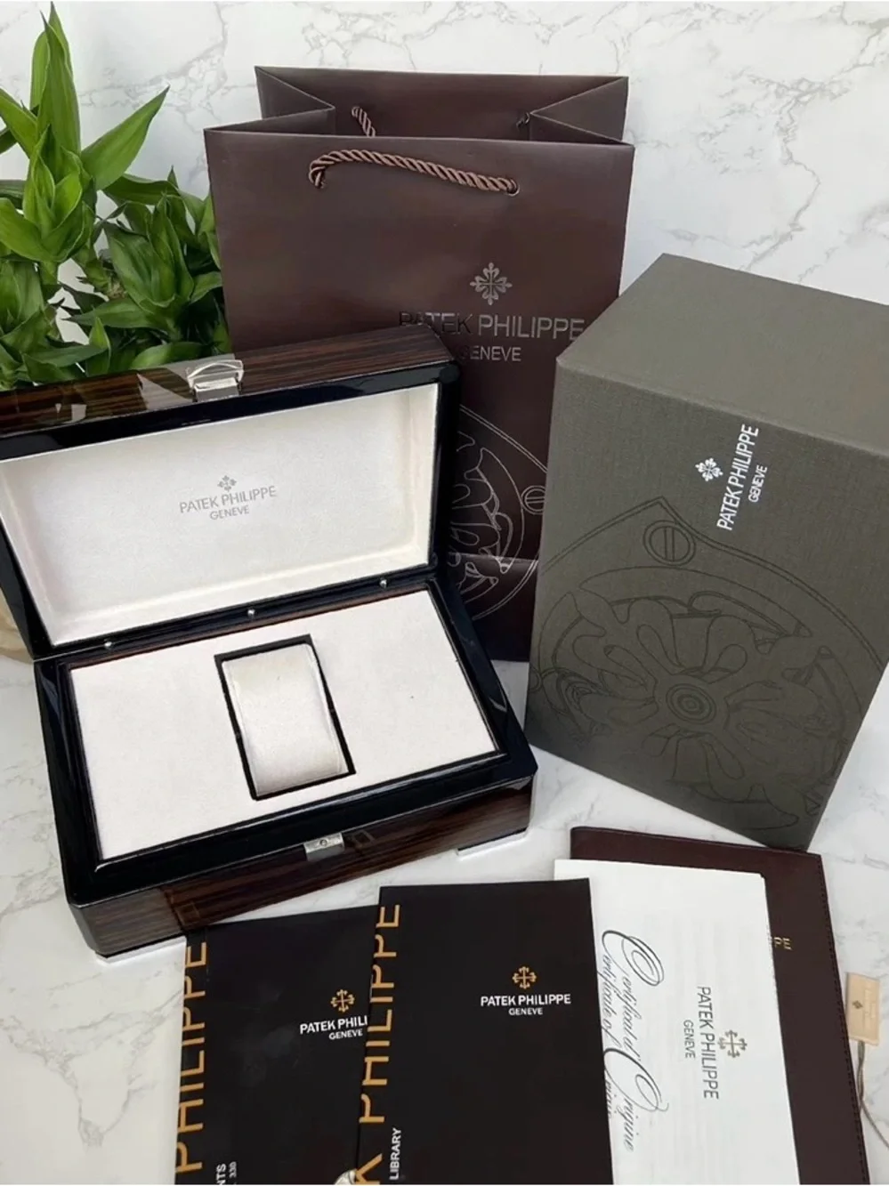 Patek Philippe Brown Wood-Pattern Watch Box with Silver Emblem